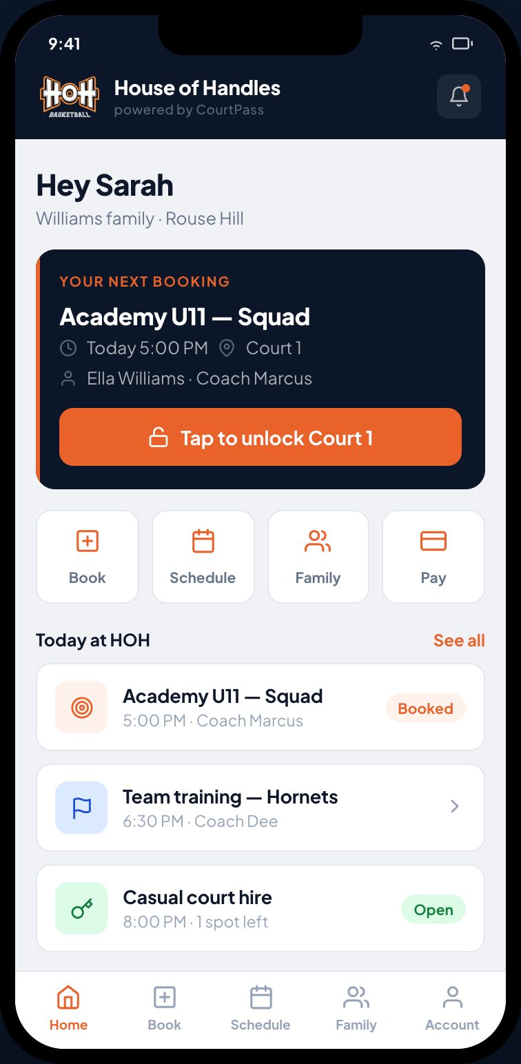 The HOH member app — home screen with the next booking and tap to unlock